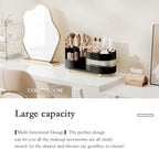 Rotating Vanity Organizer with Brush Holder and Drawer, 3 Layer Cosmetic Skincare Storage, Large Countertop Makeup Perfume & 