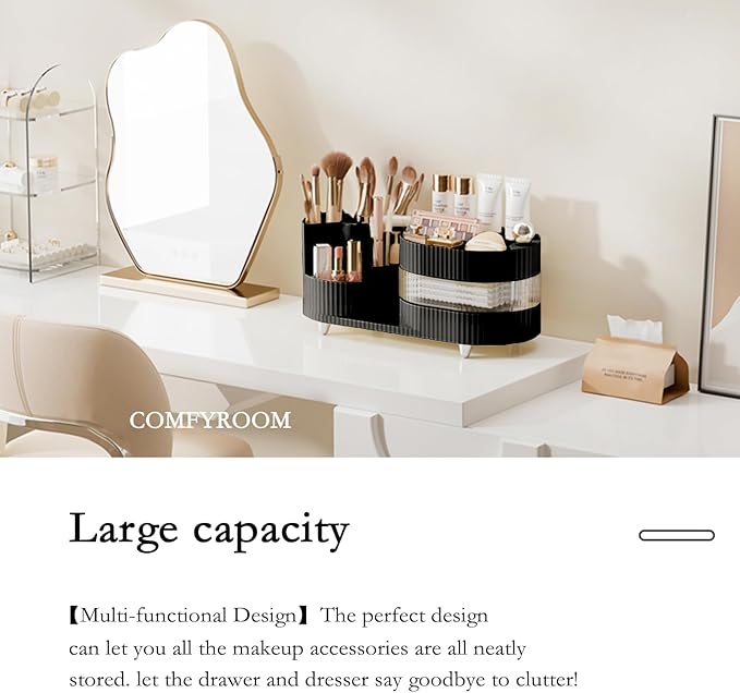 Rotating Vanity Organizer with Brush Holder and Drawer, 3 Layer Cosmetic Skincare Storage, Large Countertop Makeup Perfume & 