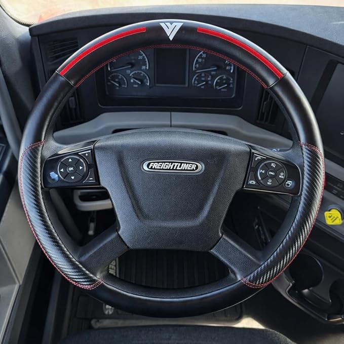 18-Inch Genuine Leather Steering Wheel Cover for Semi Trucks – Black with Red Stripes, Universal Fit Heavy-Duty Non-Slip Grip, Comfortable Control, Easy Installation