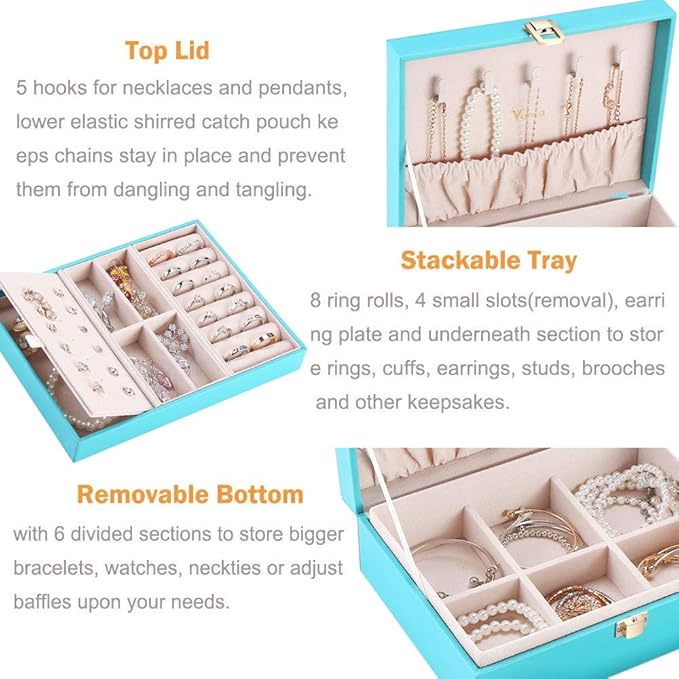 Voova Jewelry Box Organizer for Women Girls, 2 Layer Large Men Jewelry Storage Case, PU Leather Display Jewellery Holder with