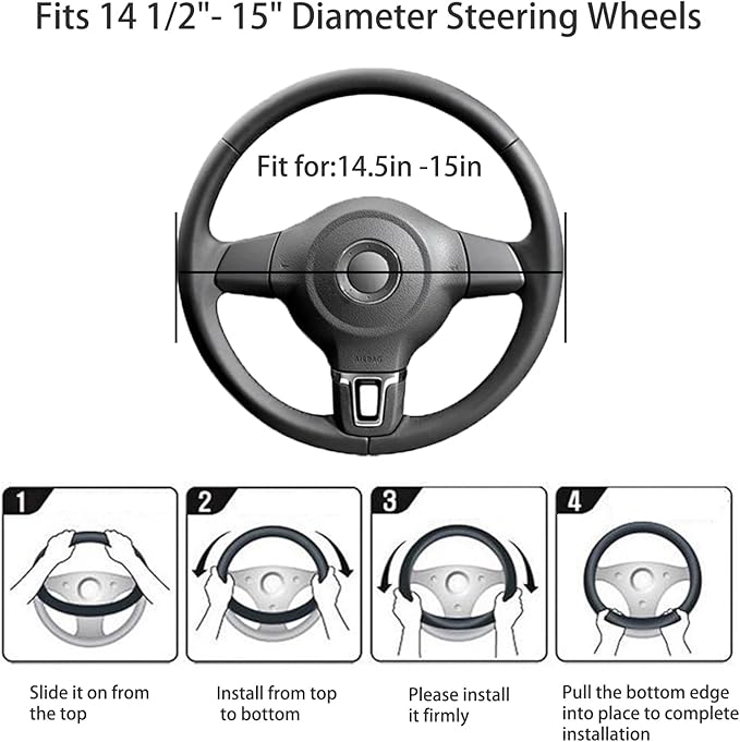 Black Genuine Leather Car Steering Wheel Cover Men Women,Cowhide Wheel Cover,Soft,Breathable,Anti-Slip,Luxury Steering Wheel 