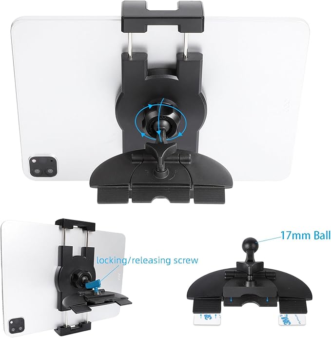 xik Universal Car Tablet Mount Holder - 2-in-1 [CD Slot + Suction Cup] Mount for Windshield, Dashboard, CD Player - Secure Stand for iPad & All Tablets 4.7" to 12.9"