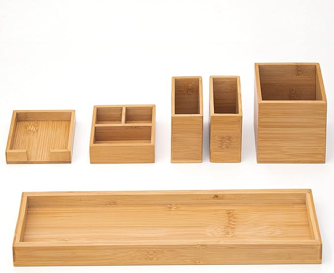 Bamboo Vanity Tray, 6-Piece Bathroom Countertop Vanity Tray Set, Makeup Kitchen Desk Organizer and Storage - Holds Small Item
