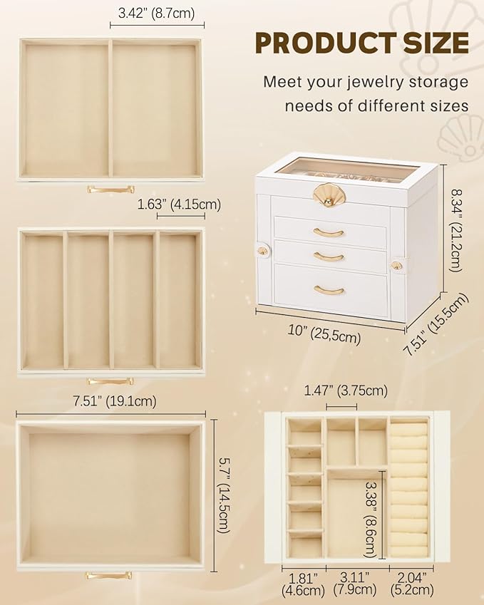 Enthralite Jewelry Box with 3 Drawers: Display Organizer for Earrings Necklaces - Gift for Girls Women (White)