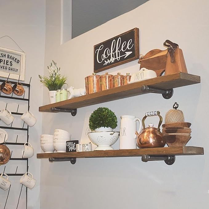 Industrial Pipe Wall Wood Shelves,Real Wooden Shelves 48" in Special Brown Color with 1.2" Extra Thickness, Modern Floating S