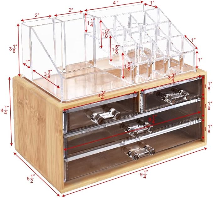Ikee Design Bamboo Acrylic Makeup Organizer with 4 Drawers and Removable Top Lipstick Holders, Ideal for Make-up or Accessori
