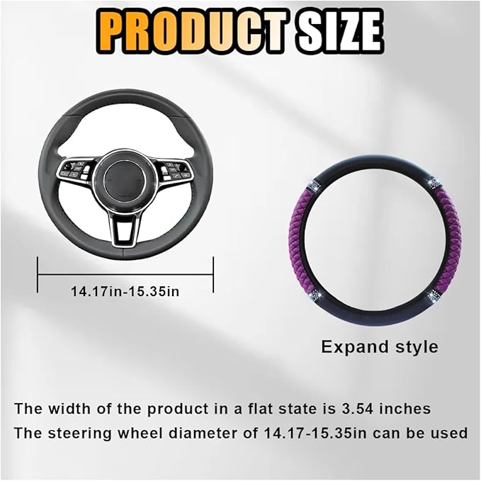 Bling Soft Leather Steering Wheel Cover, 15 Inch Colorful Rhinestones Auto Elastic Protector with Crystal Diamond for Women G
