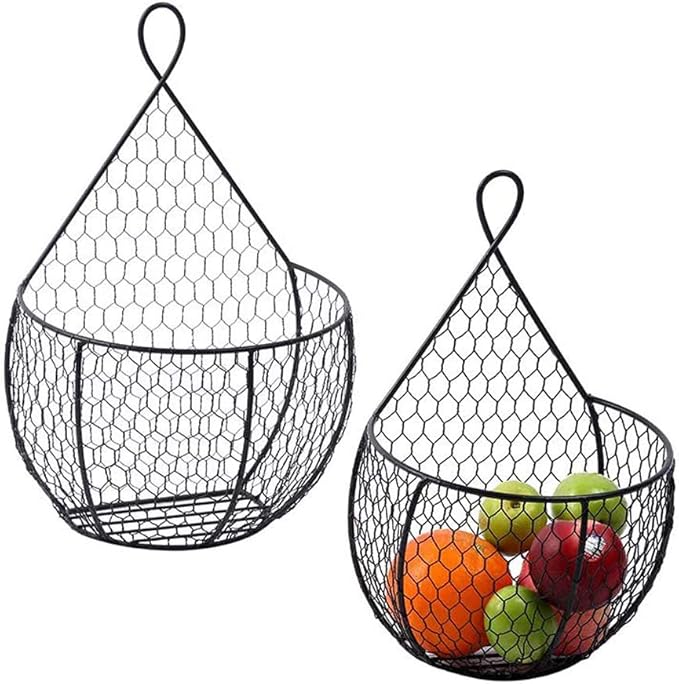 ERYTLLY Metal Fruit And Vegetable Storage Hanging Basket Wall Mounted, For Kitchen Black Wire Baskets for Flowers, Fruits and