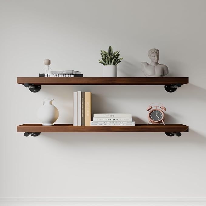 Industrial Pipe Wall Wood Shelves,Real Wooden Shelves 36" inch Long Walnut Color with 1.2 inches Thick Modern Floating Shevle