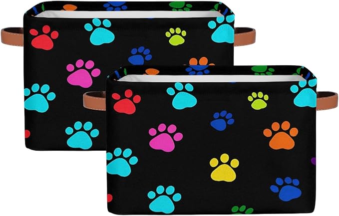 AUUXVA Colorful Paw Print Storage Basket Cube Animal Dog Cat Collapsible Storage Bin with Handle Large Baskets Box Toy Cloth 