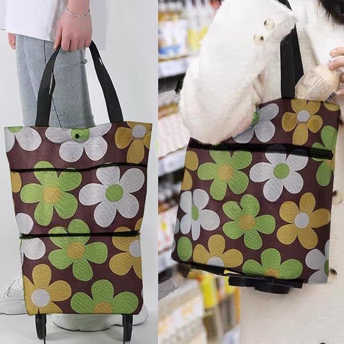 Collapsible Shopping Grocery Bag with Wheels Rolling Tote Bag with Wheels Large Reusable Shopping Bags Foldable Cart(Brown Flower,Large)