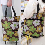 Collapsible Shopping Grocery Bag with Wheels Rolling Tote Bag with Wheels Large Reusable Shopping Bags Foldable Cart(Brown Flower,Large)