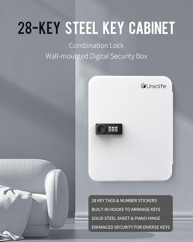Uniclife 28-Key Steel Key Cabinet with Combination Lock Wall Mounted Key Organizer with Resettable Code White Digital Securit