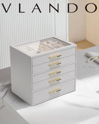 Vlando 5 Layer Jewelry Box for Women, Glass Lid Jewelry Organizer with 5 Drawers for Necklaces Rings Earrings Bracelets - Gre