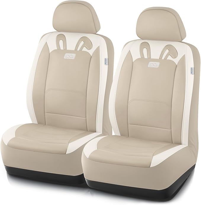 PIC AUTO Car Seat Covers, Cute Rabbit Premium Beige Leather Seat Covers, Universal Fit Front Seat Covers for Cars, Trucks, SU