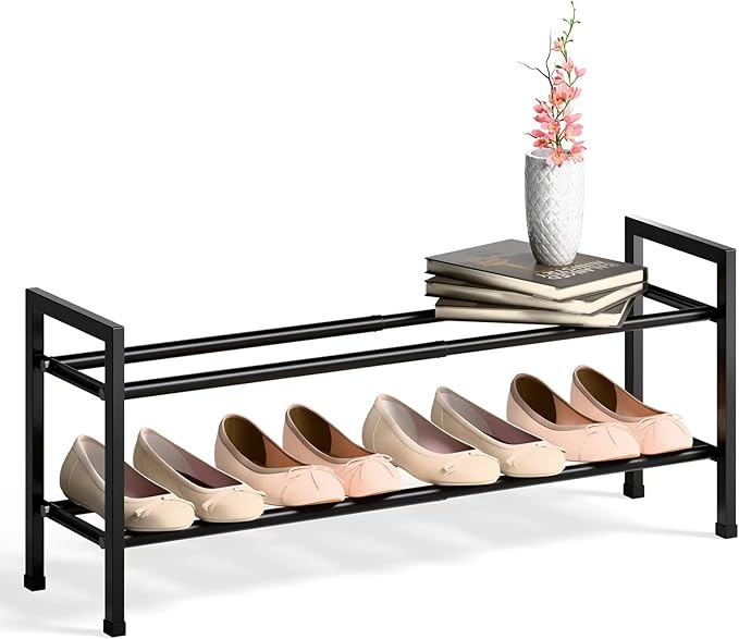 Bumusty 2 Tier Expandable Shoe Rack for Closet, 18“-33” Adjustable Shoe Rack for Small Space, Small Shoe Organizer for Front 
