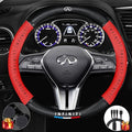 Customized Steering Wheel Cover Compatible with Infiniti, Nappa Leather & Carbon Fiber Design Car Steering Wheel Cover, with Coasters and 3-in-1 USB Fast Charging Cable (Red)