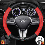 Customized Steering Wheel Cover Compatible with Infiniti, Nappa Leather & Carbon Fiber Design Car Steering Wheel Cover, with Coasters and 3-in-1 USB Fast Charging Cable (Red)