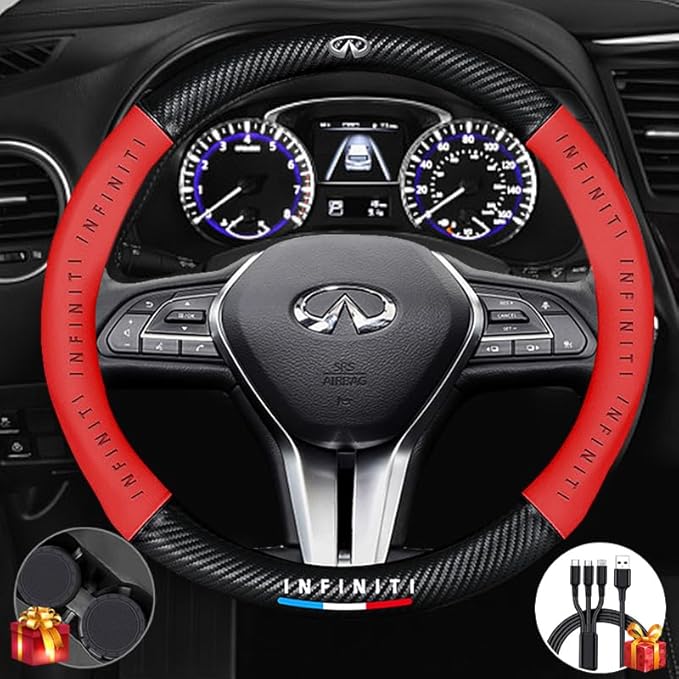 Customized Steering Wheel Cover Compatible with Infiniti, Nappa Leather & Carbon Fiber Design Car Steering Wheel Cover, with Coasters and 3-in-1 USB Fast Charging Cable (Red)