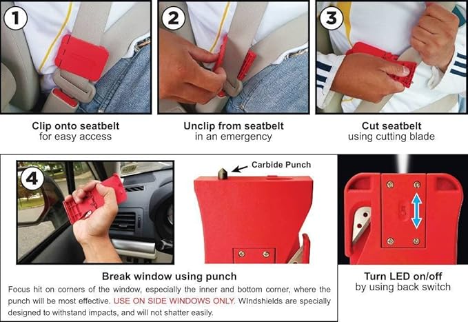 General Tools 3-in-1 Car Emergency Escape Tool #7904-BL-Q Clips to the Seatbelt for Quick Access in an Emergency - Window Gla