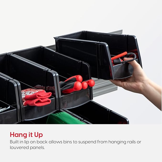 IRIS USA Stackable Storage Bins Open Front, 6 Pack, Plastic Hanging Organizer Caddy Basket for Hardware Crafts, Small Parts, 