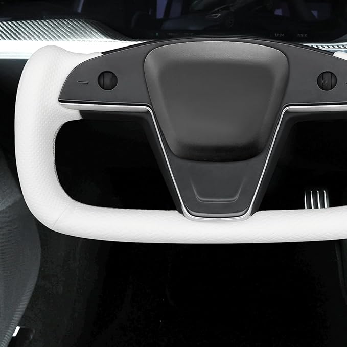 MEWANT Hand Stitched White Leather Tesla Model S Yoke Steering Wheel Cover Wrap for Tesla Model S 2021-2023 / Model X 2021-2023 Tesla Yoke Steering Wheel Accessories