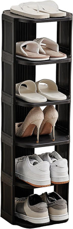 Vertical Shoe Rack, 6-Tier Plastic Stackable Storage Shelf for Small Closets and Narrow Spaces, Compact Free Standing Shoe Ra