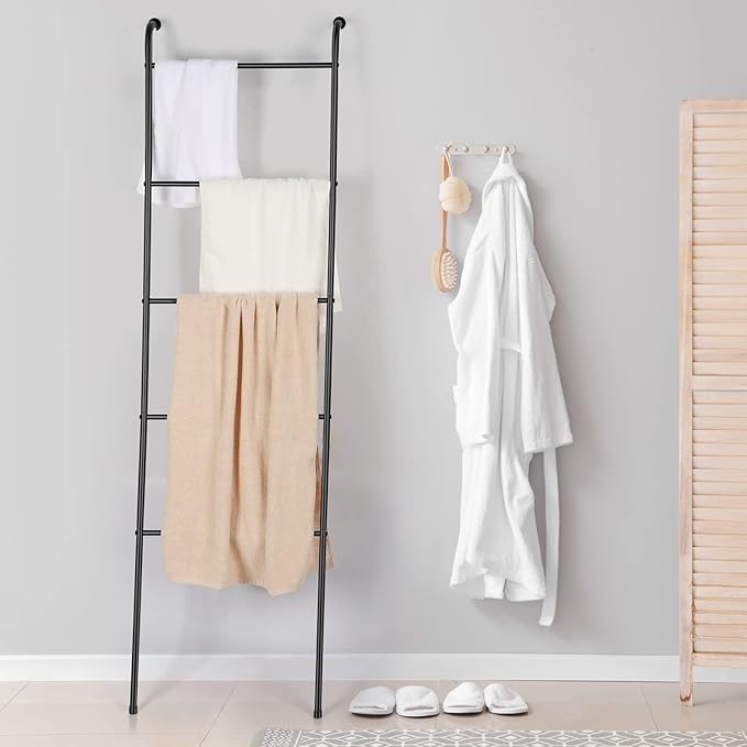 Towel Blanket Ladder Black Metal Blanket Ladder Holder Industrial 5 Tier Wall Leaning Ladder Rack for Bathroom Living Room La