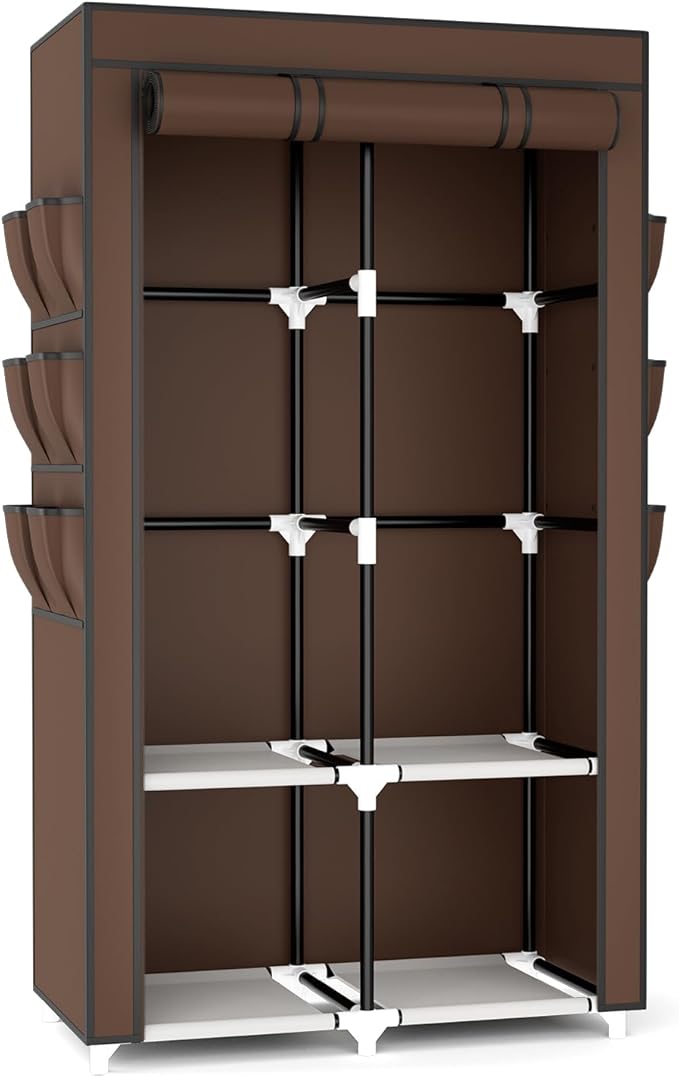 VTRIN Portable Closet Wardrobe for Hanging Clothes with 4 Storage Shelves, 2 Hanging Rods and 6 Pockets, Stable and Easy Asse