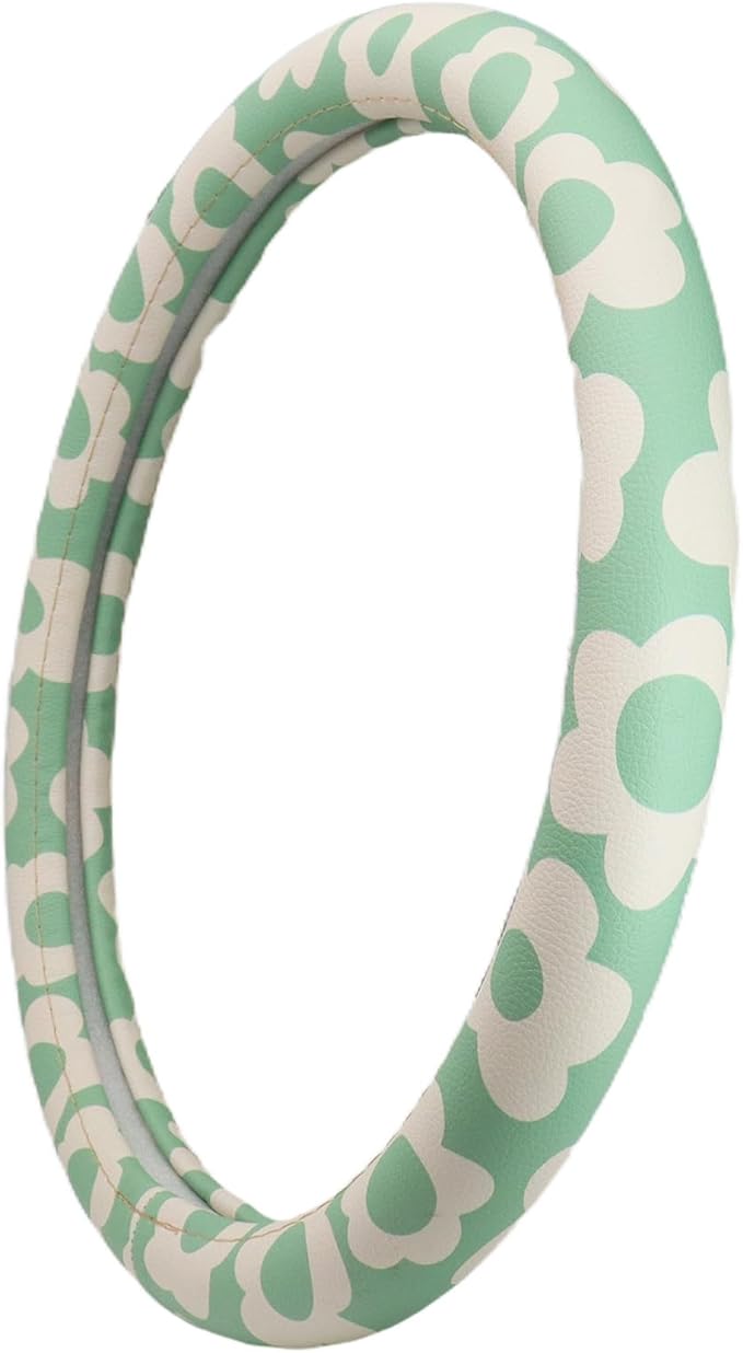 Microfiber Leather Steering Wheel Cover 14.5-15 inch, Green Floral Design, Anti-Slip Rubber Inner, Universal Fit for Cars, Tr