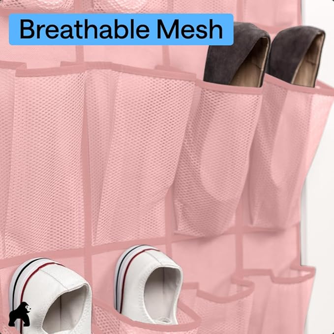 GORILLA GRIP Over the Door Shoe Organizer, 24 Large Breathable Mesh Pockets, Space Saving Hanging Storage Holder, Closet Rack