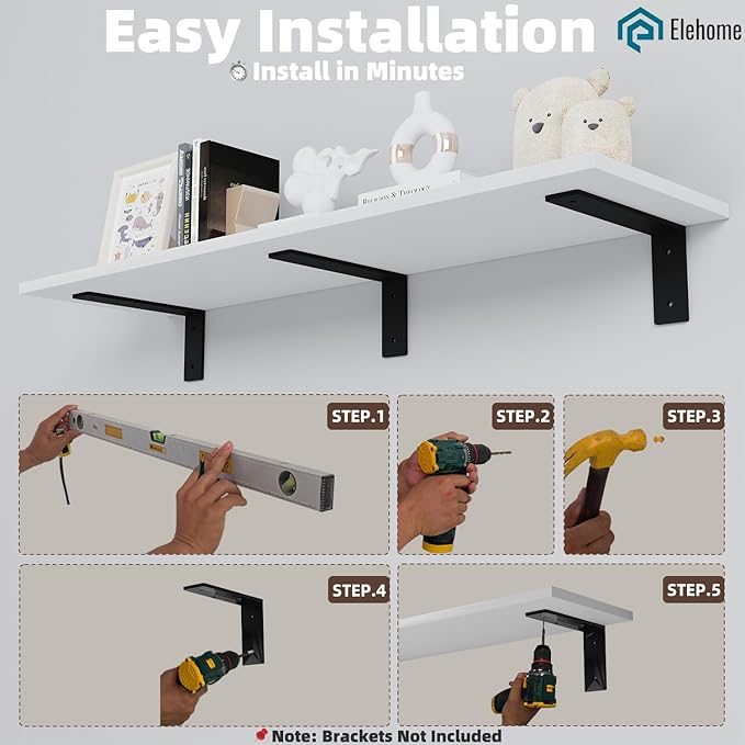 Floating Shelf Board for Wall 5/8" – No Brackets – 36" L x 12" W x 0.6" T White Melamine Wood Floating Shelves for Bathroom, 