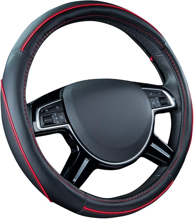 Car Pass Colour Piping Leather Steering Wheel Cover,Perfectly fit for 14.5-15 inches for Various Vehicles SUVs,Vans,Sedans,Ca
