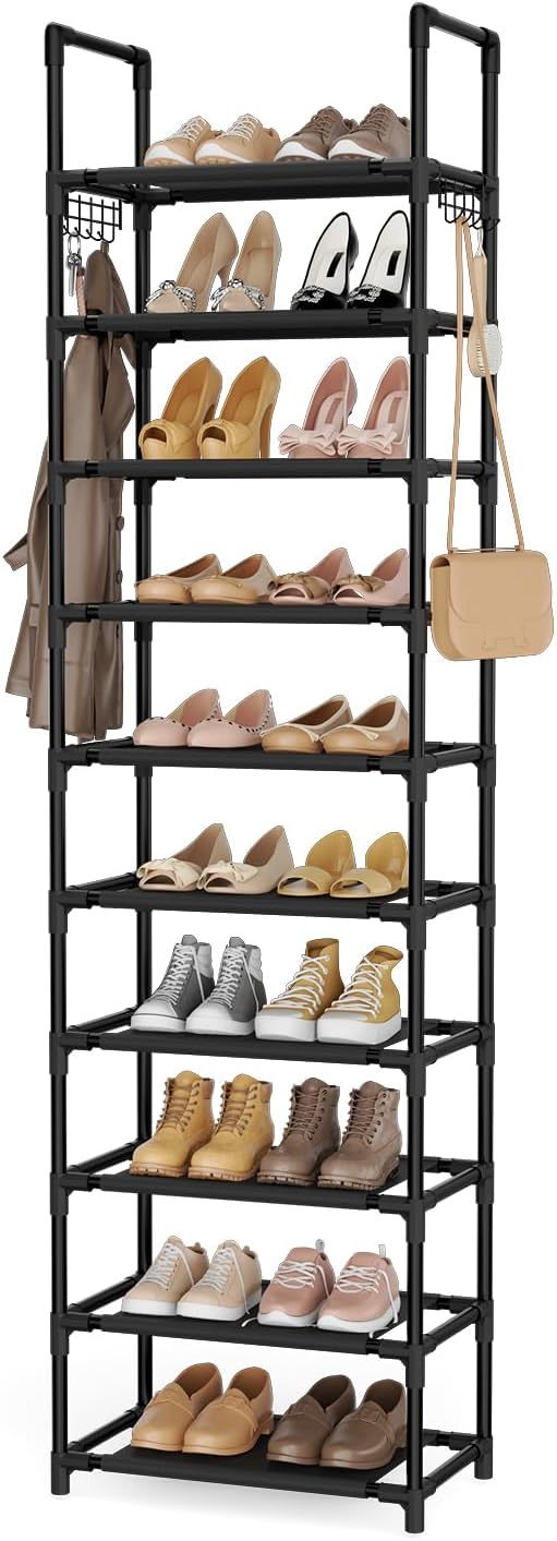 LANTEFUL 10 Tiers Shoe Rack 25 Pairs Large Capacity Tall Shoe Organizer Sturdy Shoe Storage with Two Hooks Space Saving Metal