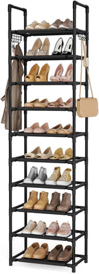 LANTEFUL 10 Tiers Shoe Rack 25 Pairs Large Capacity Tall Shoe Organizer Sturdy Shoe Storage with Two Hooks Space Saving Metal