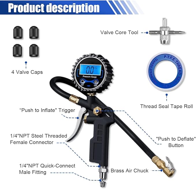 Digital Tire Pressure Gauge with Inflator - 250 PSI Heavy Duty Tire Inflator with Gauge & Quick Connect Coupler - Car Tire Air Chuck and Compressor Accessories - 0.1 Display Resolution (1 Pack)