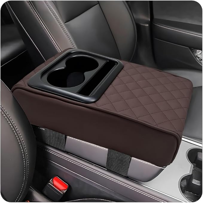 Car Center Console Armrest Pillow, Waterproof Car Armrest Cover Cushion with Cup and Phone Holder, Memory Foam Arm Rest Box Protector for Most Vehicles, Car Accessories (Coffee)