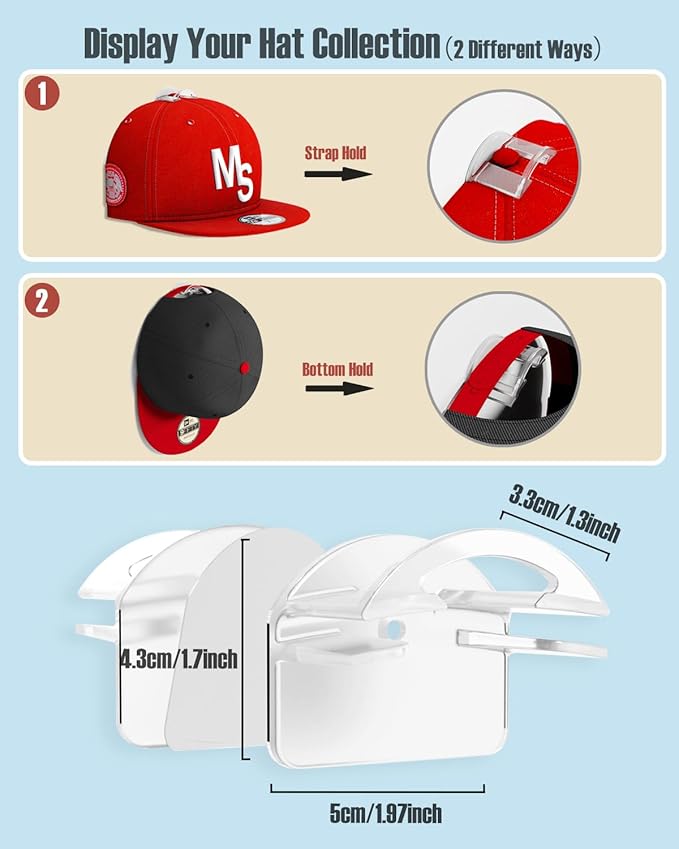 Adhesive Hat Hooks for Wall, Baseball Caps Strong Holdr, Ball Cap Hanger Wall Mount, Hat Display Rack, Hat Organizer Accessor