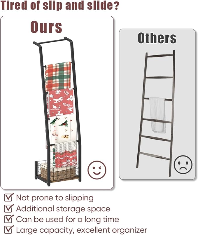 6.3ft Blanket Ladder with Storage Basket, 5 Tier Decorative Ladder Shelf Stand for Living Room & Bedroom, Wall-Leaning Blanke