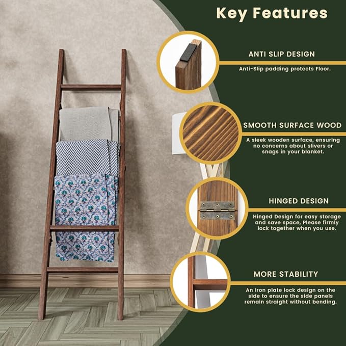 Decorative Wooden Blanket Ladder for the Living Room and Bedroom, 5ft 8 inch, Pine Wood Quilt Ladder, 6-Tier Wall Leaning Bla