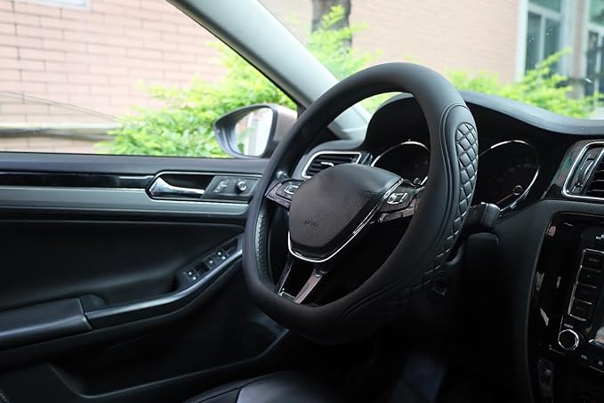 Leather Steering Wheel Cover Compatible with Volkswagen VW Tiguan Atlas ID.4 Taos Golf Passat Jetta Polo Beetle Touareg Cross