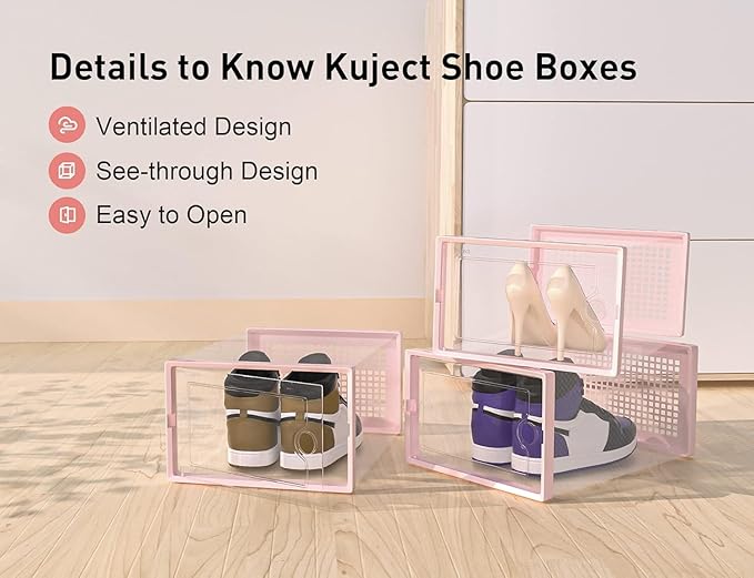 Kuject X-Large Shoe Storage Boxes Organizers Clear Plastic Stackable 12 Pack, Shoe Rack & Holder Substitute, Sneaker Containe
