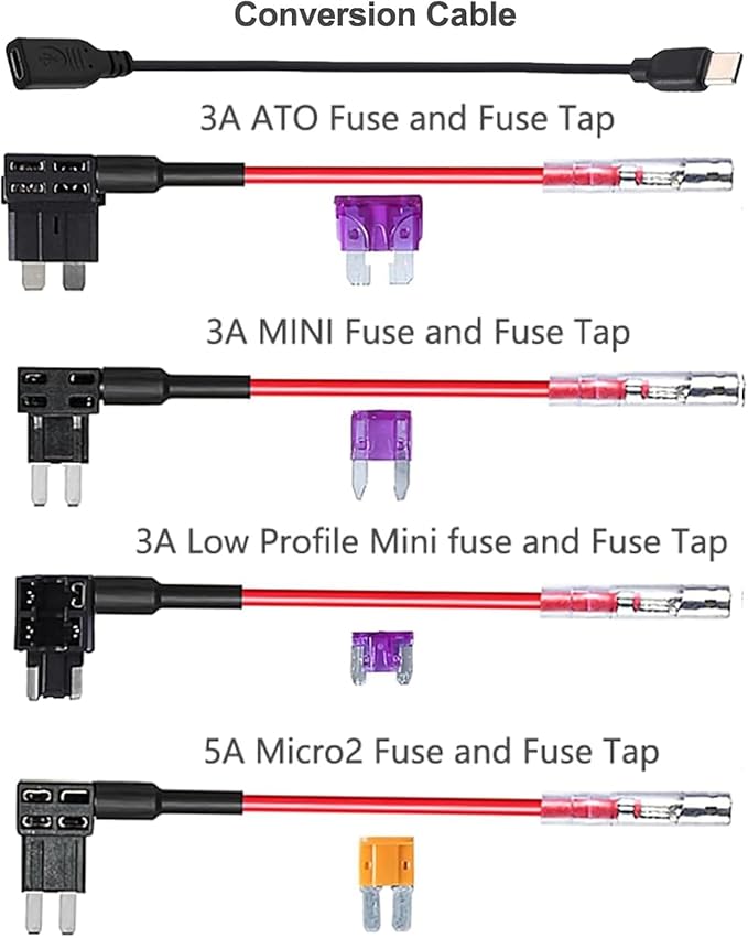 Dash Cam Hardwire Kit, Type-C Acc Hardwire Kit for All Dash Cam converts 12V-24V to 5V, Attached a USB C Conversion Wire(for Other Dash Cam), Enables Parking Mode, Low Voltage Protection