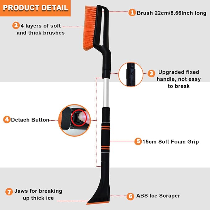 UNXMRFF 32 Inch Snow Brush - Aluminum Car Snow Scraper and Brush for Cars Windshield with Ergonomic Foam Grip for Snow Removal, Detachable Ice Scraper for Car