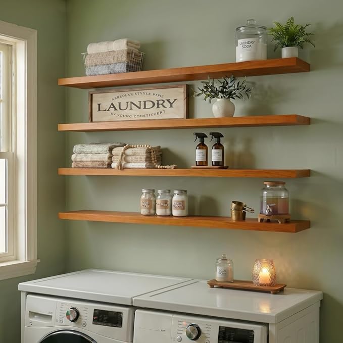 IEO Long Wooden Floating Shelves for Room Wall, Natural Wood Floating Shelves Wall Mounted Kitchen Shelf for Living Room, Bed