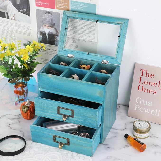 Wooden Storage Box Wooden Desk Organizer with 2 Drawers and 6 Grids Apothecary Drawers Small Wooden Drawers Small Craft Stora