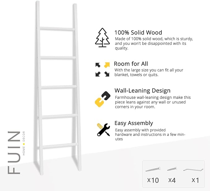 FUIN 6ft Wooden White Blanket Ladder Living Room Decorative Wall Leaning Farmhouse Quilt Display Holder Rustic Wood Towel Rac