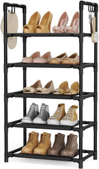 LANTEFUL 5 Tiers Shoe Rack 12-15 Pairs Boots Organizer Storage Sturdy Narrow Shoe Shelf for Entryway, Closets with Hooks, Bla
