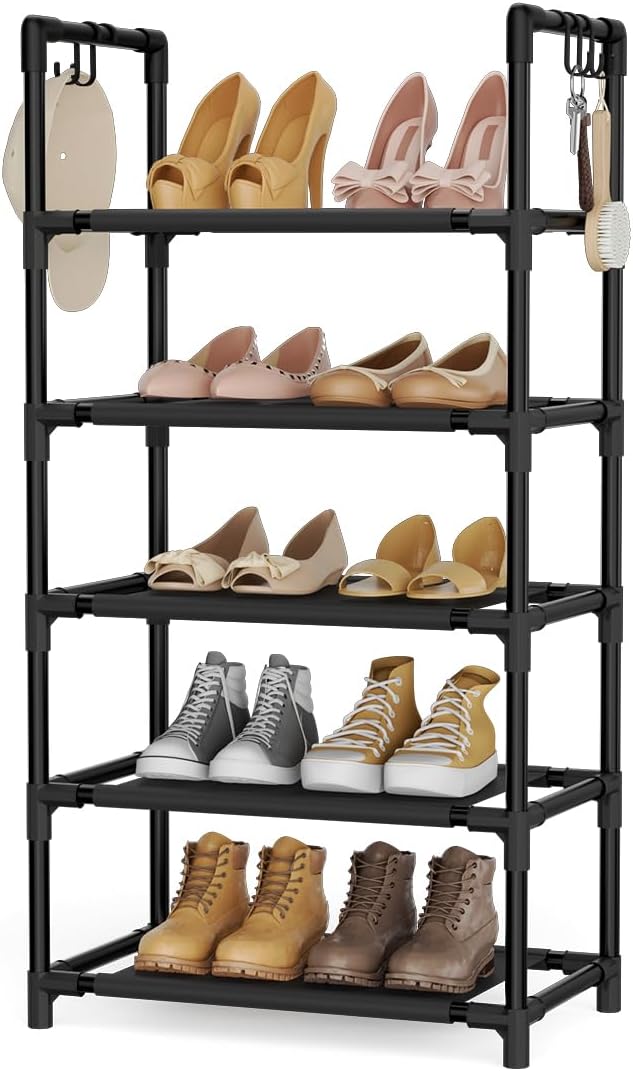 LANTEFUL 5 Tiers Shoe Rack 12-15 Pairs Boots Organizer Storage Sturdy Narrow Shoe Shelf for Entryway, Closets with Hooks, Bla