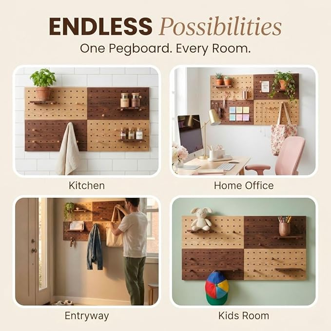 Wooden Pegboard Wall Organizer Kit – Modern Natural Wood Peg Board with Shelves & Hooks – 2 Tone Brown & Oak Premium Wooden P